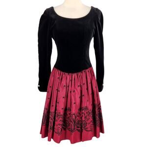 Vintage 80s Laura Ashley Black Velvet and Burgundy Taffeta Dress